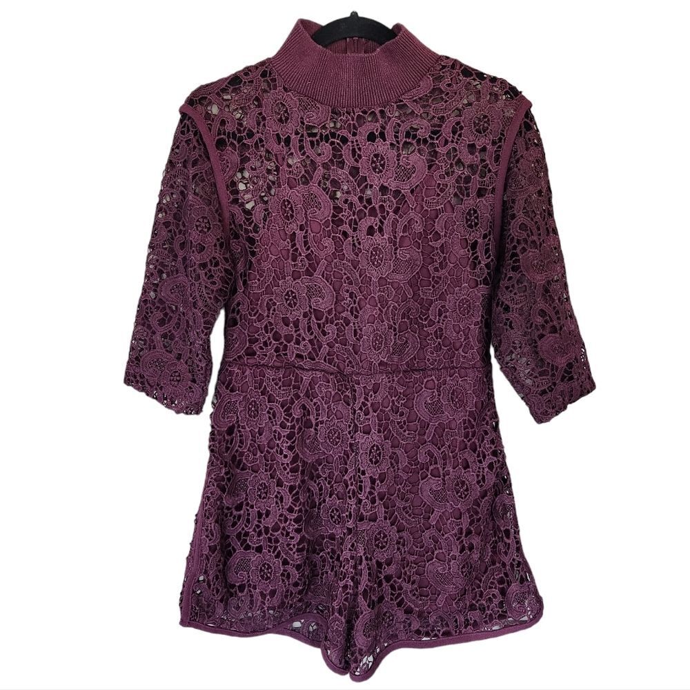 ZARA Guipure Floral Lace/crochet Romper Burgundy Mock Neck Women's Medium